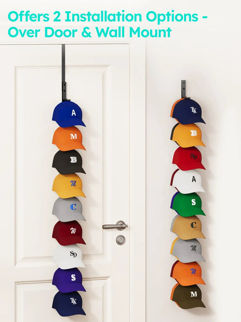 Heavy Duty Metal Hat Organizer For Baseball Caps Over The Door Cap Rack Holds Eighteen Plus Pieces, showcasing caps on door.