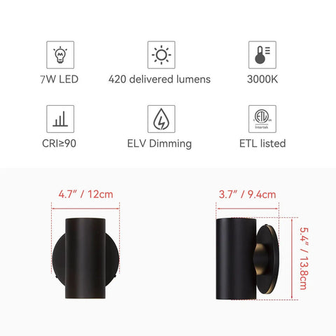 Outdoor Black Wall Sconce Light Up Down 7W LED Dimmable Exterior Wall Fixture IP65 Waterproof dimensions and features display