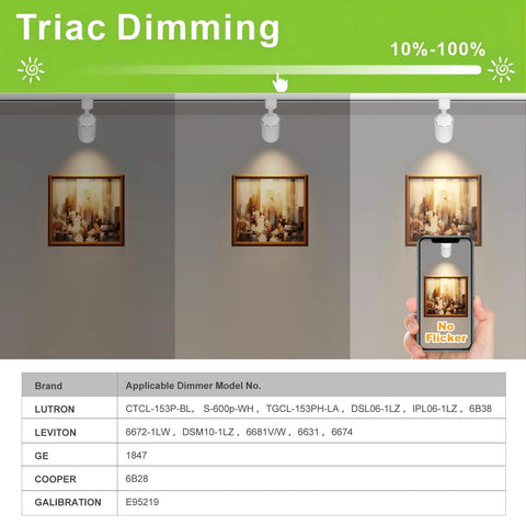 Triac dimming feature of 7W LED Track Lighting Heads 3000K Dimmable H Type 3 Wire Ceiling Spotlight Kit 24 Degree Beam ETL Listed CRI90 White 6 Pack