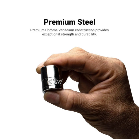Hand holding a socket from 3/8 Inch Drive 12 Point Socket Set For Tough Jobs, Shallow And Deep Sockets, Metric 8 to 19 mm.