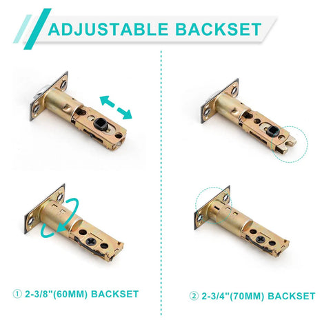 Adjustable backset for Double Door Handle Set With Dummy And Keyed Entry In Matte Black, showing 2-3/8 and 2-3/4 positions.