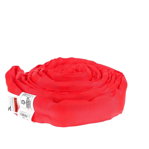Battle Tested For Heavy Hauling No Sweat Endless Round Lifting Sling Five Inch By Twelve Foot Double Wall Polyester Hoist Strap rolled.