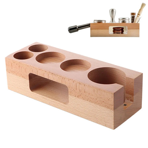 Premium 58mm Wooden Espresso Tamping Station featuring five dedicated holes for dosers needles and tools in solid beech wood.