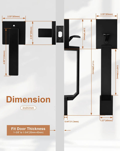 Matte Black Exterior Door Handle Set With Reversible Lever Square Entry showing dimensions and specifications for left or right door.