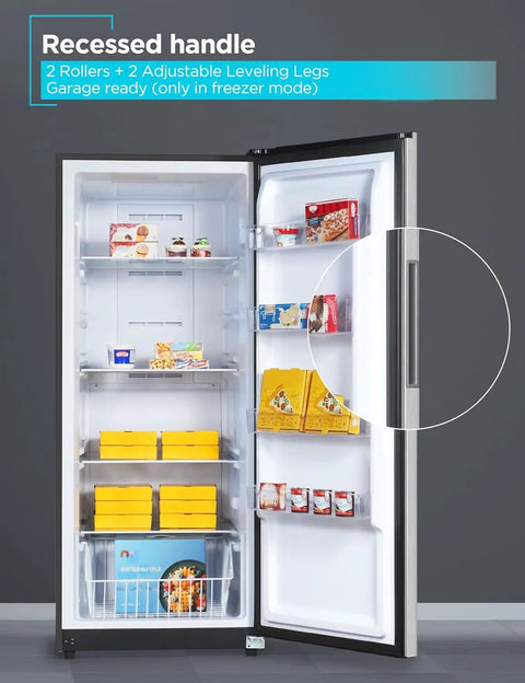Heavy Lifter 14 Cubic Foot Convertible Freezer And Refrigerator With No Sweat Frost Free Build glass racks and brushed steel exterior, showing interior shelves.