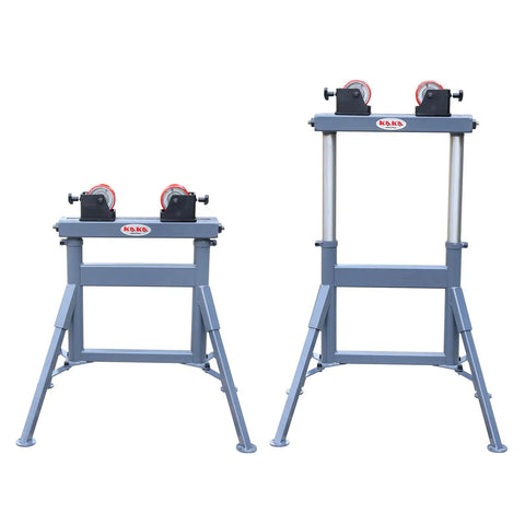 Rock Solid Heavy Duty Adjustable Pipe Roller Stand Built Tough For Welding Fabrication And Fit Up Projects Handling Up To 1100 Lbs Like A Champ, showing two adjustable stands.
