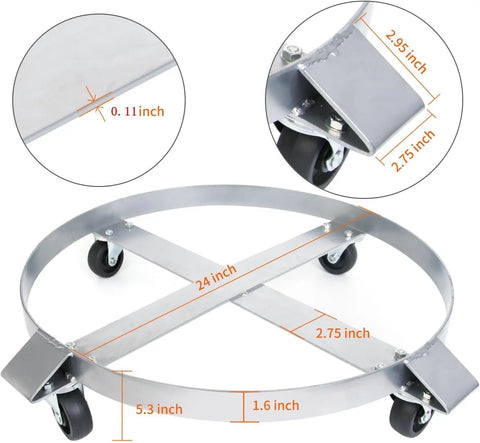 Premium 55 Gallon Drum Dolly Cart 1000 Lb Capacity with 24 inch circular steel frame and swivel caster wheels for easy transport.