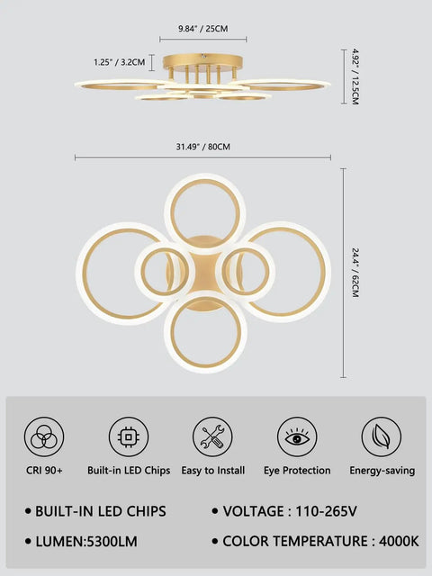 Modern LED Ceiling Light With Six Ring Gold Finish Flush Mount Fixture 4000K Neutral White Lighting dimensions and features