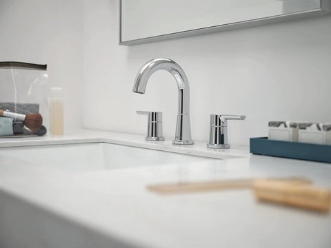 Flute High Arc Bathroom Faucet, 3-Hole 6-16 Inch Installation, WaterSense Labeled, ADA Compliant, chrome finish on sink