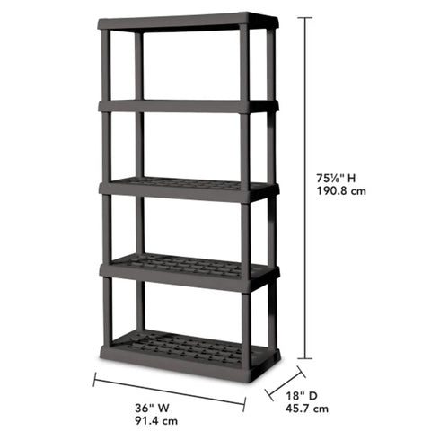 Hustle Proof Five Shelf Heavy Duty Plastic Storage Rack With Ventilated Perforated Shelves Holding Up To One Hundred Fifty Lbs Per Level, 75.5in tall.