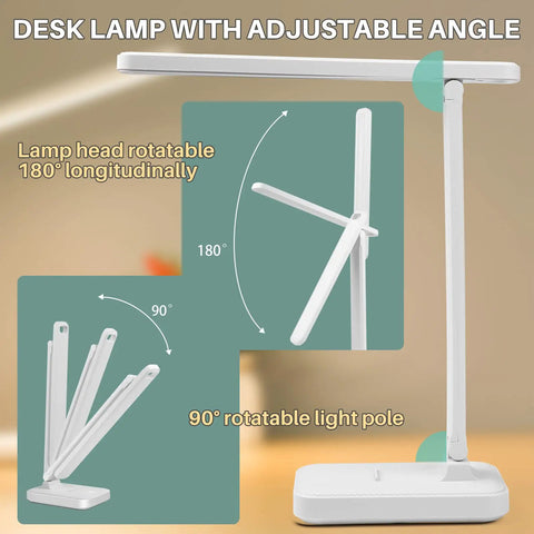 LED Desk Lamp With Touch Control For Reading No Flicker Three Color Modes showing 180-degree adjustable head and 90-degree foldable pole