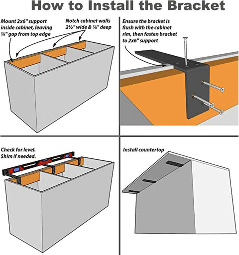 How to install Straight Up Heavy Duty Countertop Support Bracket 16 Inch step-by-step guide with notching and leveling instructions.