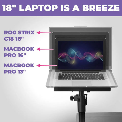 Ergonomic Laptop Desk Mount For Piano Keyboard And DJ Setups holding 18 inch laptop, adjustable arm, studio desk rig