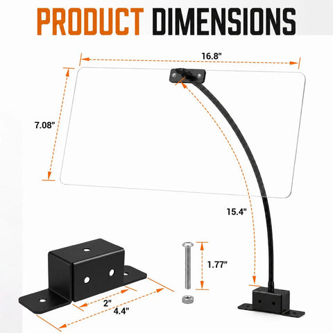 Battle Ready Adjustable Bench Grinder Shield Built For Tight Clearance Fits That Block Hot Sparks And Flying Slag While Keeping Your Eyes Protected Through Demanding Machine Operations And Weekend Builds dimensions with clear panel and black mount.