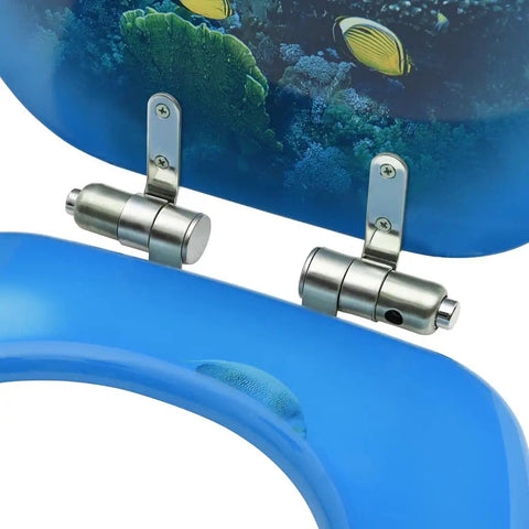 Top Shelf Soft Close Toilet Seat Pair Built Different With Dense MDF Boards And Deep Sea Pattern For Hassle Free Bathroom Upgrades That Truly Feel Like Game Changers close-up of blue toilet seat with zinc alloy hinges