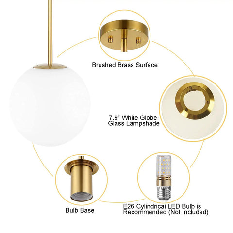Diagram of Dope Modern Globe Pendant Light 1 Light Mid Century Chandelier With Large White Glass Shade And Brushed Brass Finish Hanging Fixture For Kitchen Island Gold, showing components and dimensions.