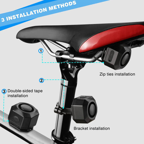 USB Rechargeable Bike Alarm With Remote 110dB Loud Alarm Volume And Adjustable Sensitivity installation on bike seat