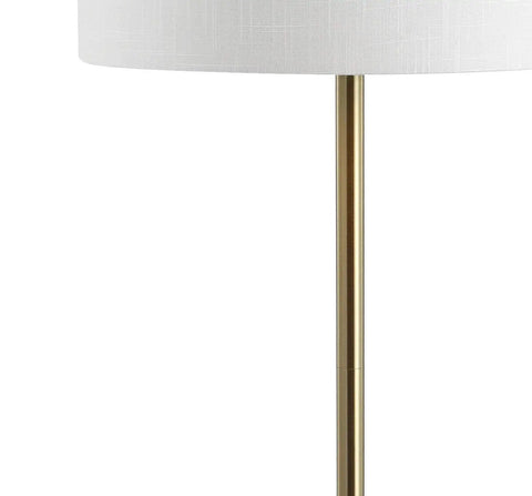 White linen drum shade on 59 Inch Brass Gold Metal And Glass Side Table With Built In LED Floor Lamp Modern Transitional Iron Standing Lamp