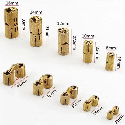 Two Pack Copper Barrel Hidden Cabinet Hinges For Concealed Doors And Furniture Cylindrical Brass Hinge Set in various sizes