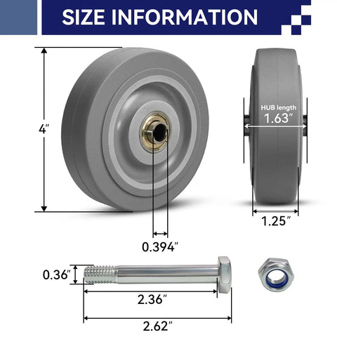 Top Tier 4 Inch Rubber Caster Wheels Heavy Duty Industrial Casters Real Deal Non Marking Replacement Tires For Carts Dollies 300 Lb Capacity Pack Of 100 size details with measurement indicators.