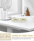 Elite Gold Trimmed Ceramic Jewelry Tray Featuring Mr And Mrs Pattern Double Grid Layout For Wedding Bands And Lipstick Small Trinket Dish on a white desk.