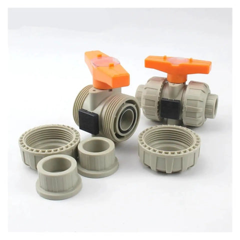 Heavy Duty Double True Union Ball Valve Slick Water Pipe Connector Pro Grade Industrial Plumbing Fittings with orange handles and connectors.