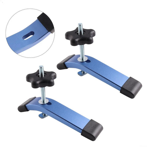 Premium M8 T Slot Hold Down Clamp Kit Blue Anodized Aluminum With Smooth Slide Feature For Router Table And Drill Press Woodworking Stables Materials close-up showing knobs and sliding mechanism.