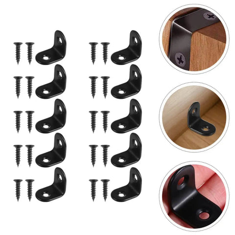 Black L Shape Corner Brackets Set Of 18 With Screws Stainless Steel Right Angle Fasteners for furniture repair shown in use