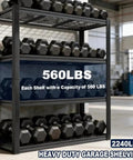 Heavy Duty 4 Tier Metal Storage Shelf With 2240 Lbs Total Capacity Adjustable Free Standing Organizer with dumbbells