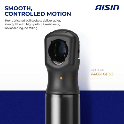 Close-up of front hood lift support shock strut featuring pre-lubricated ball socket for smooth, controlled motion.