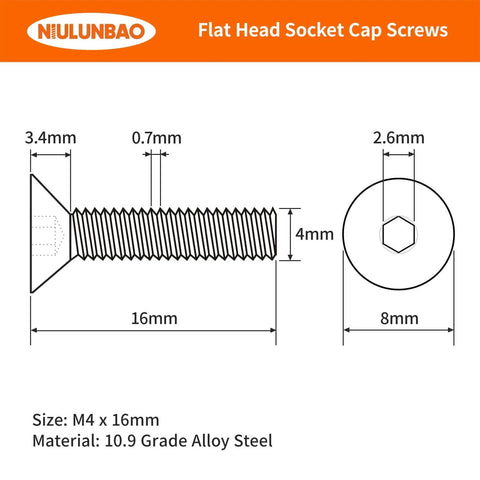Diagram of 4mm X 16mm Flat Head Hex Socket Cap Screws Pro Grade 0.7mm Pitch 10.9 Alloy Steel Black Oxide with dimensions