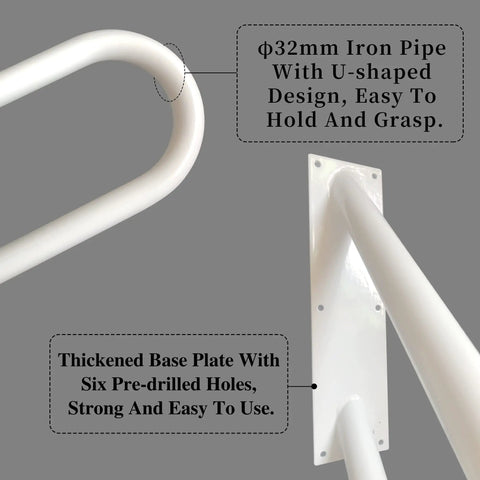 Close-up of white powder-coated two pack wall mount handrails for 1 to 2 step stairs outdoor use, showing U-shaped pipe and base plate.