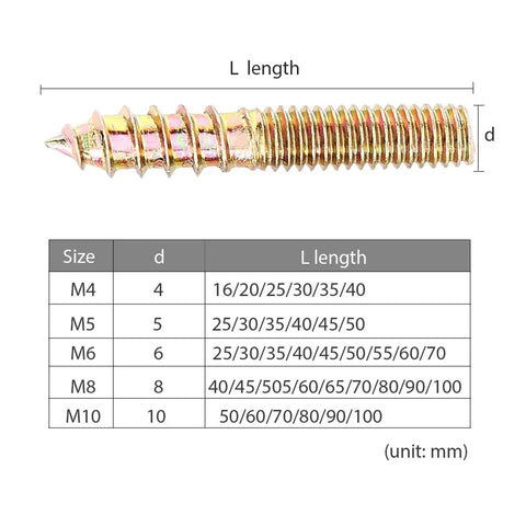 Heavy Duty Hanger Bolts Set Double Headed Yellow Zinc Plated M4 M5 M6 M8 M10 Dowels Self Tapping Screws For Wood M10 2 Pack