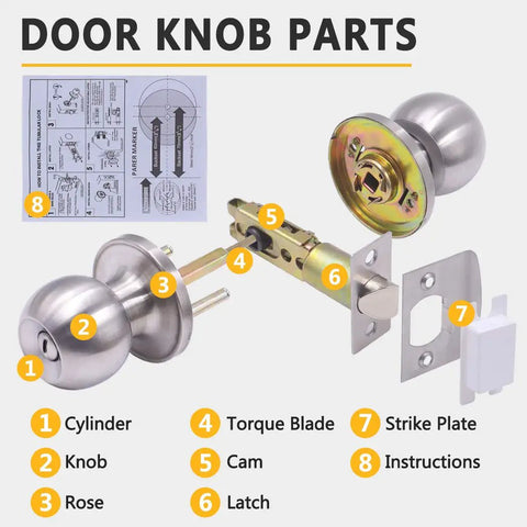 Set Of 4 No Fuss Satin Nickel Privacy Door Knobs With Adjustable Latch Fits Standard Backsets, diagram of parts
