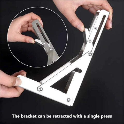 Close-up of Heavy Duty Folding Triangle Shelf Brackets Set Two Pack Adjustable Wall Mount Brackets with hands pressing mechanism.