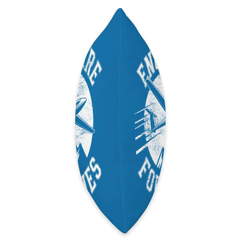 Side view of Soaring Club Sailplane Throw Pillow For Glider Enthusiasts featuring blue fabric and white text