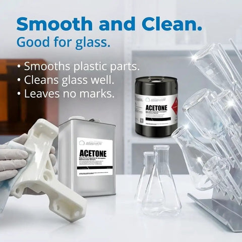Industrial and Aerospace Grade Acetone Solvent Cleaner 1 Gallon Heavy Duty Fast Evaporating Degreaser with glass labware.