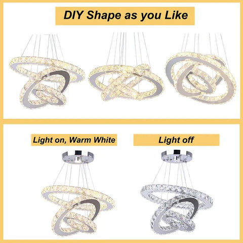 Modern 3 Ring Crystal Chandelier With Adjustable Stainless Steel Pendant Lighting LED Ceiling Fixture showing custom ring shapes.
