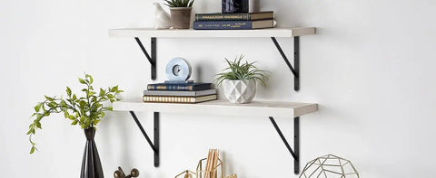 Twelve Pack Slick Matte Black Heavy Duty Angle Wall Brackets With Screws For Rustic Floating Shelves support two shelves with plants and books.