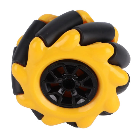 Mecanum wheel set for TT motors, omnidirectional wheel with yellow and black design, ideal for smart robot cars and DIY projects.