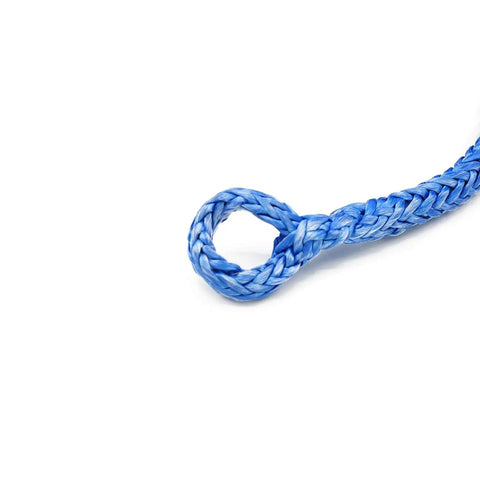 Close-up of blue braided loop on Premium Synthetic Winch Rope Replacement 2878888 OEM for UTVs and ATVs fits Ranger Sportsman Ace Scrambler