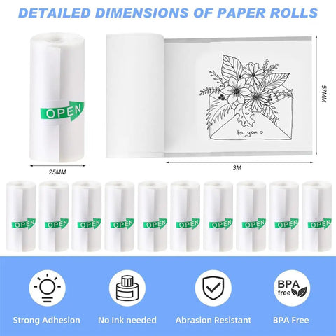 Ten Rolls Mini Thermal Sticker Paper 57 By 25mm Self Adhesive For Mini Printer Sticker Maker And Instant Camera BPA Free Easy Peel Sheets Great For DIY Projects And Labeling Compatible With Two Point Two Inch Printers. Ten BPA-free 57x25mm sticker rolls with dimensions and printer compatibility shown