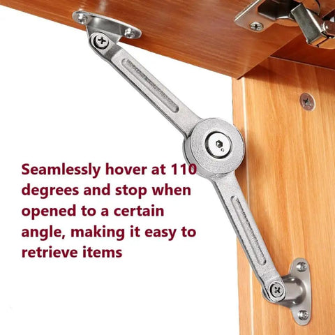 Heavy Duty Cabinet Door Lift Support Hinges With Damper Holds Up To 20 Kg Adjustable 75 90 110 Degrees Opening Angles Includes Hex Key 2 Pack Easy Install For Cabinets Built Tough installed on a wooden cabinet door showing 110 degrees opening angle.