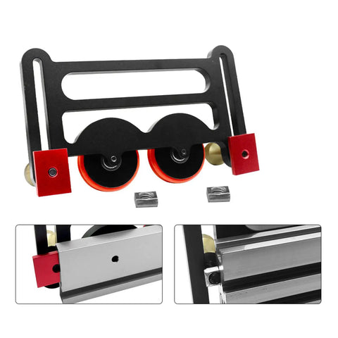 Precision Table Saw Guide Featherboard With Sliding Blocks And Double Wheel Bearing Roller, close-up view of roller assembly.