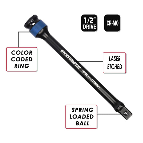 10-Piece 1/2-Inch Drive Torque Limiting Socket Extension Set, CR-MO, 8-Inch Long; color-coded ring, labeled details