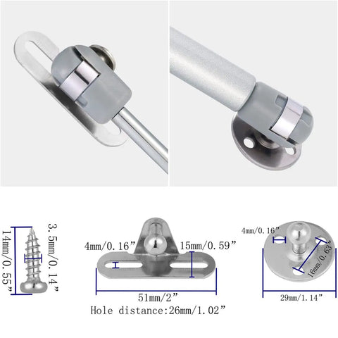 Close-up of 50N Gas Strut Cabinet Lift Support Easy Install 6 Inch, Stainless Steel brackets, mounting dimensions visible.