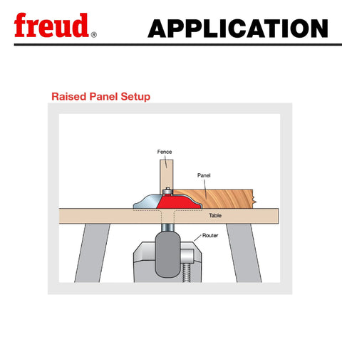 Diagram showing 3-1/2 Inch Raised Panel Router Bit with 1/2 Inch Shank for cabinets and wall panels in table router setup