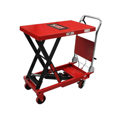 Heavy Duty Hydraulic Lifting Table Delivers Rock Solid 500 Kg Support With Smooth 90 Cm Platform Effortless Height Adjustments Built Like A Tank Red Steel Workshop Staple side view with raised platform