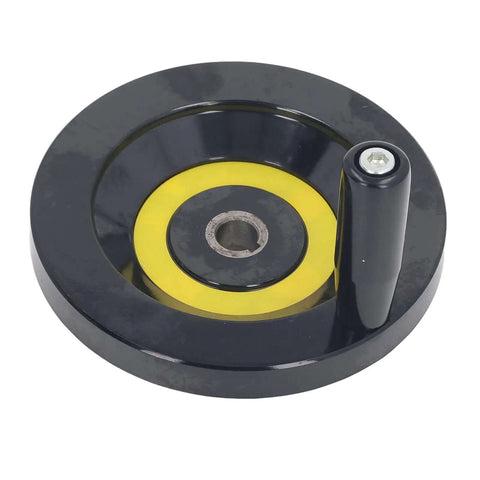 Rock Solid Lathe Hand Wheel With 160mm Outer Dia And 16mm Mount Hole, Engineering Plastic Handwheel, black with yellow inner ring.