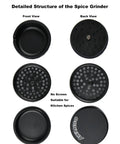 Detailed view of 2.5 Inch Aluminum Spice Grinder Three Piece Three Stage With Top Storage Anti Jam Teeth Large Bottom Chamber